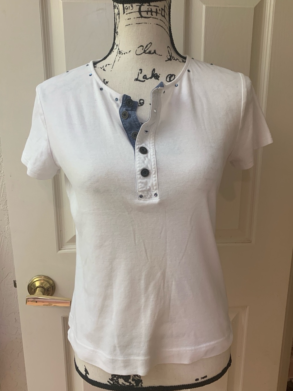 Lauren Ralph Lauren White Short-Sleeve Henley with Blue Button Placket